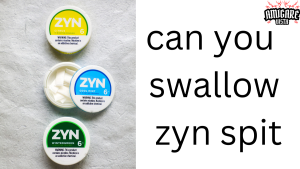 Three Zyn nicotine pouches in citrus, cool mint, and wintergreen flavors, alongside the question 'can you swallow zyn spit,' discussing the risks of swallowing nicotine saliva.