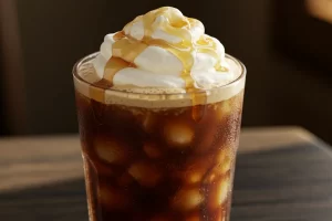 Whipped maple iced coffee in a clear glass with frothy, creamy topping and a drizzle of maple syrup, served over ice.